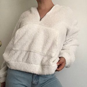white fuzzy sweatshirt